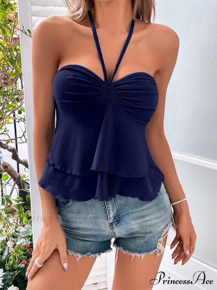 Drawstring Bust Tie Backless Halter Top - Image 3