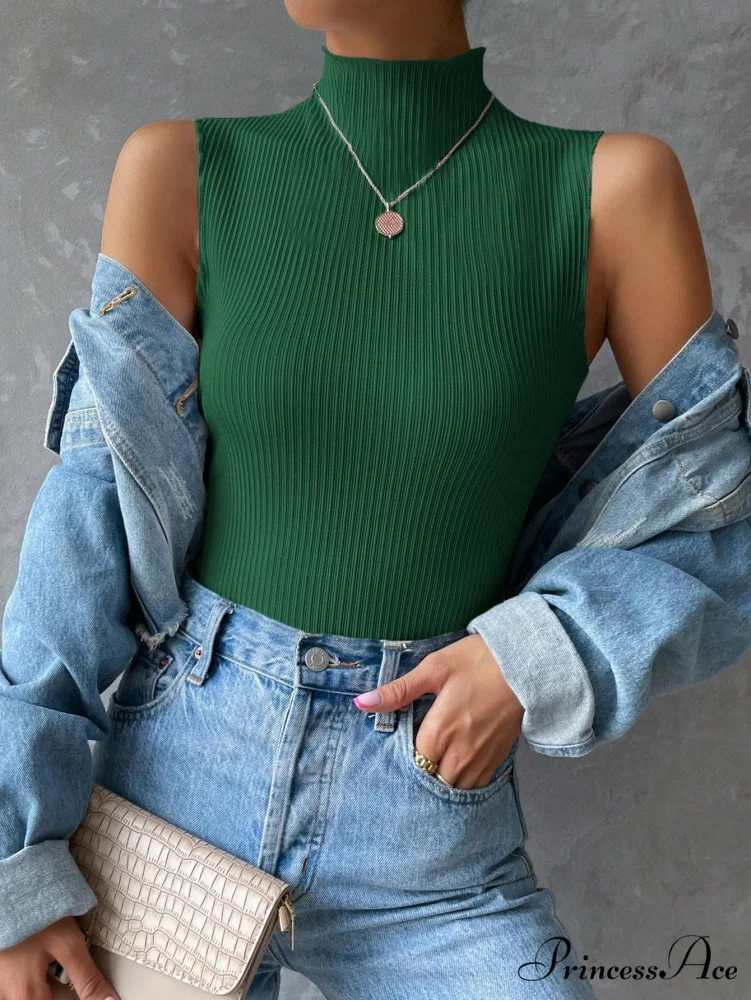 Mock Neck Ribbed Knit Tank Top - Image 14
