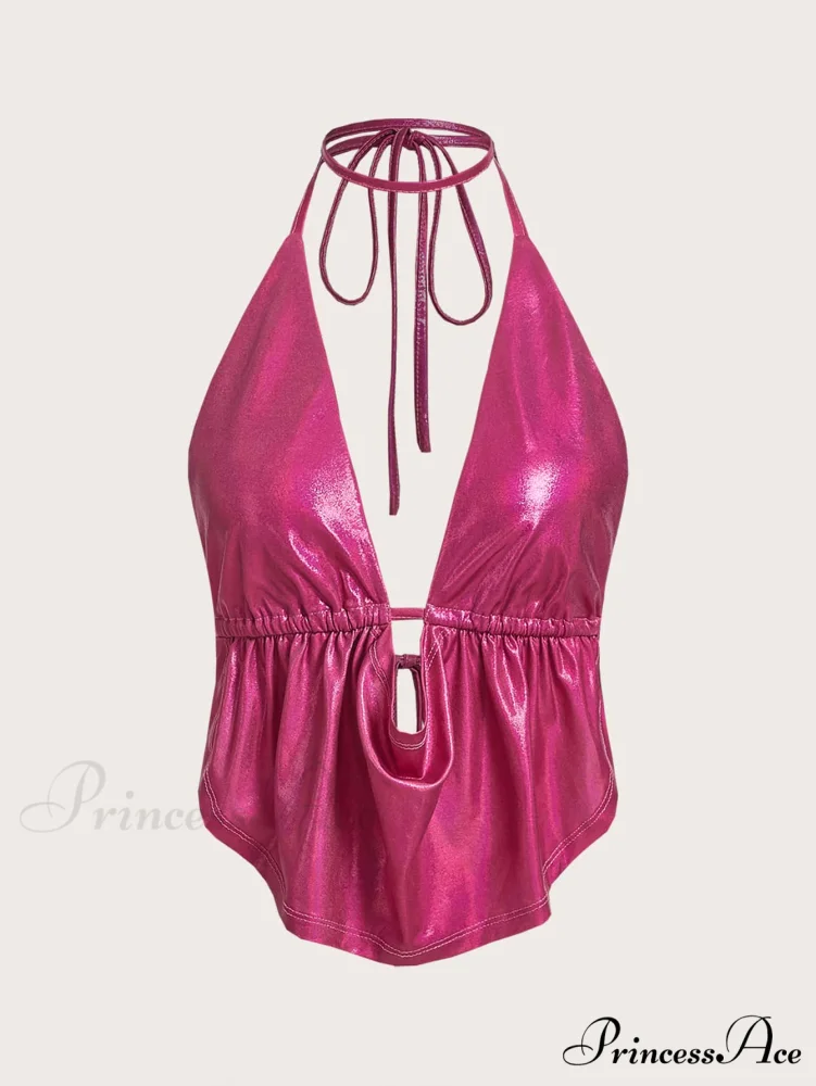 ICON Draped Front Backless Knot Hanky Hem Halter Top - Image 8