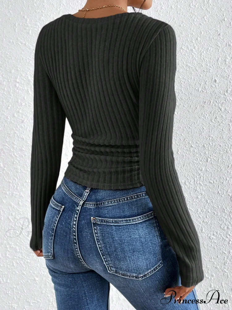 Solid V Neck Ribbed Knit Tee - Image 2