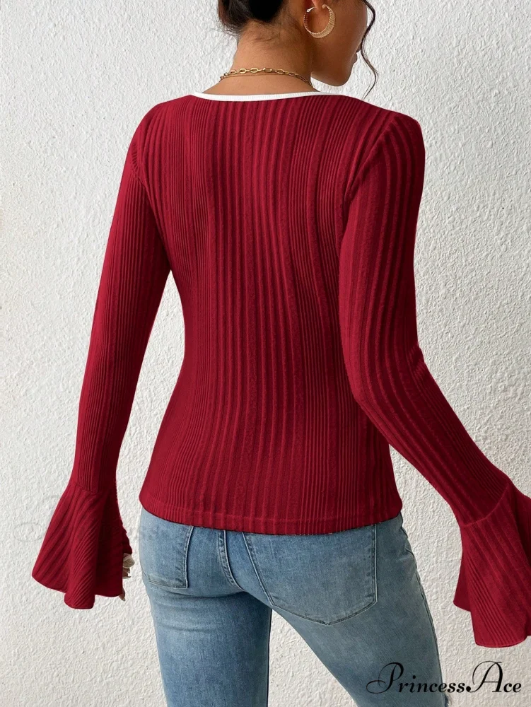 Binding Flounce Sleeve Scoop Neck Tee - Image 2