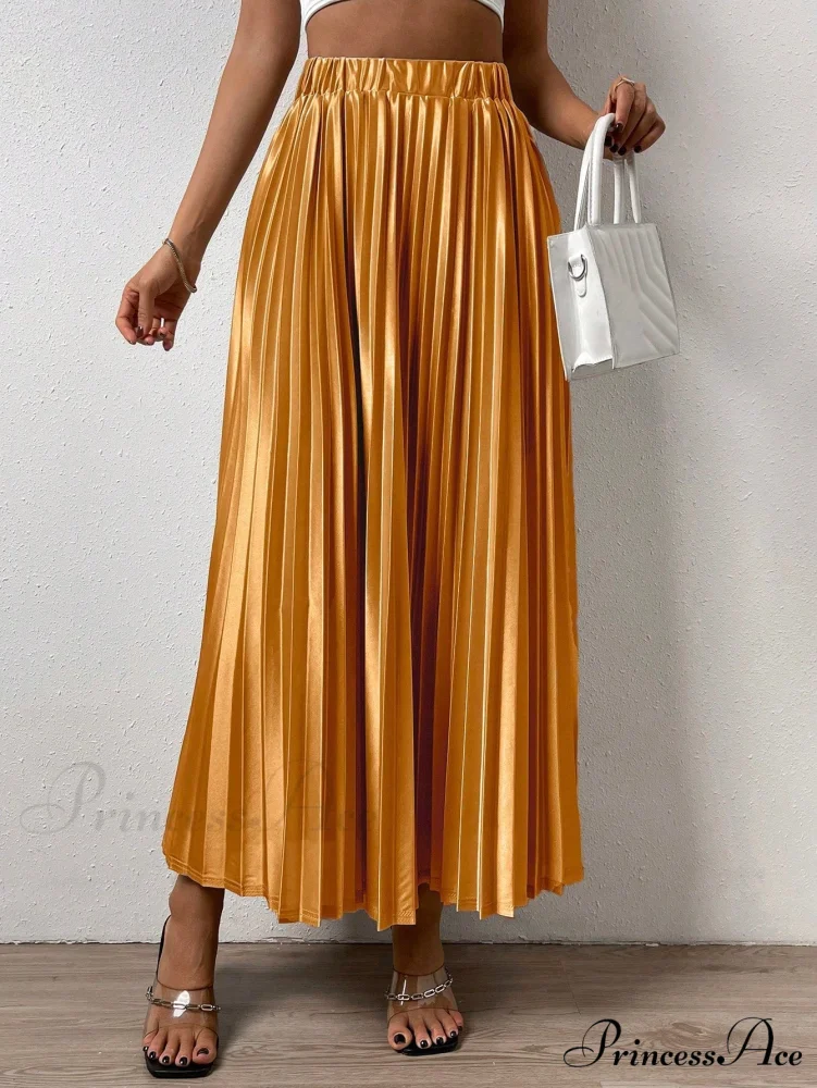 Solid Elastic Waist Pleated Skirt - Image 13