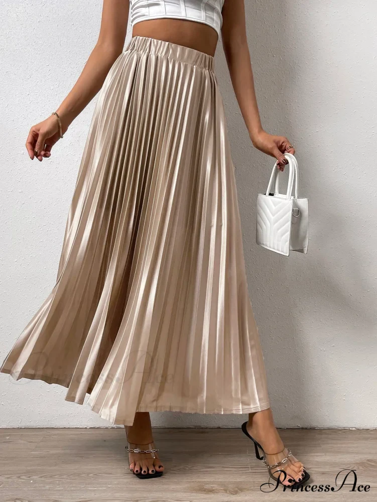 Solid Elastic Waist Pleated Skirt - Image 3