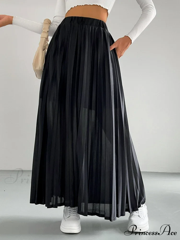 Solid Elastic Waist Pleated Skirt - Image 7