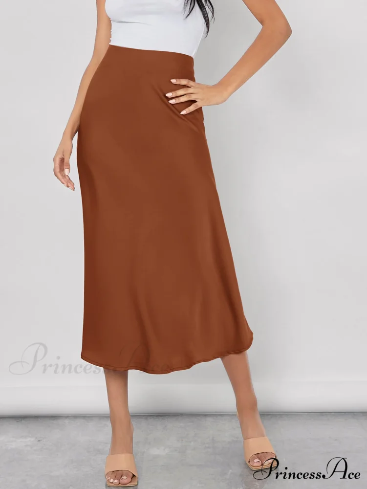 Solid High Waist Satin Skirt Workwear - Image 10