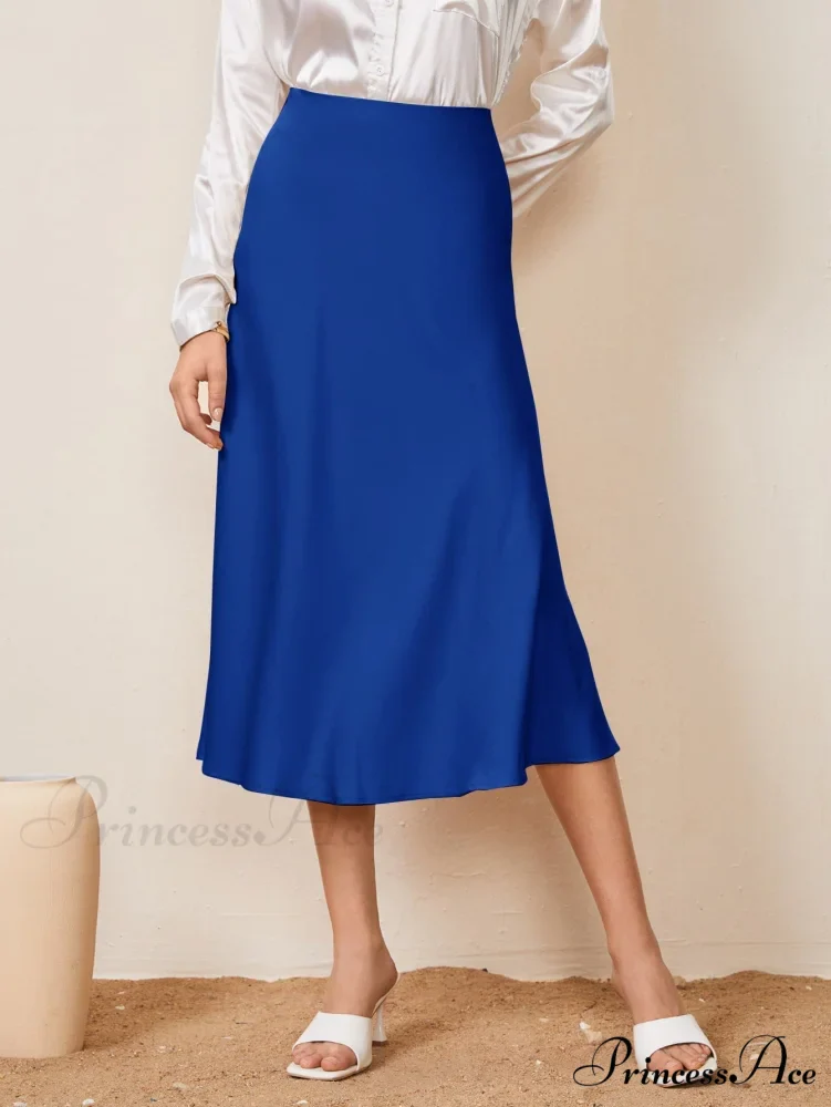 Solid High Waist Satin Skirt Workwear - Image 11