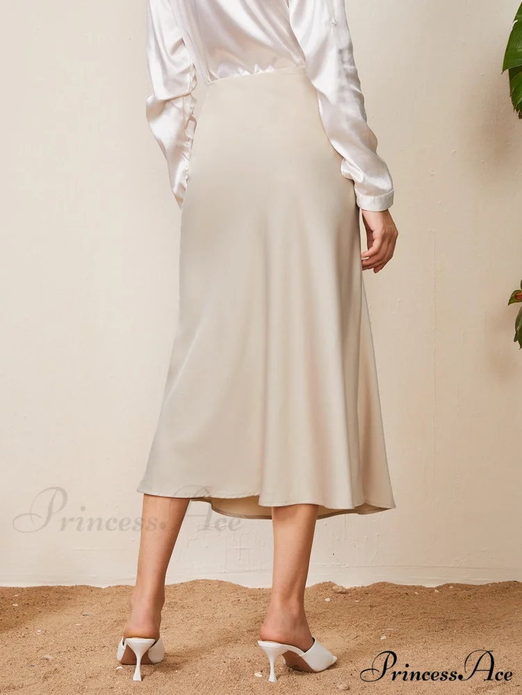 Solid High Waist Satin Skirt Workwear - Image 2