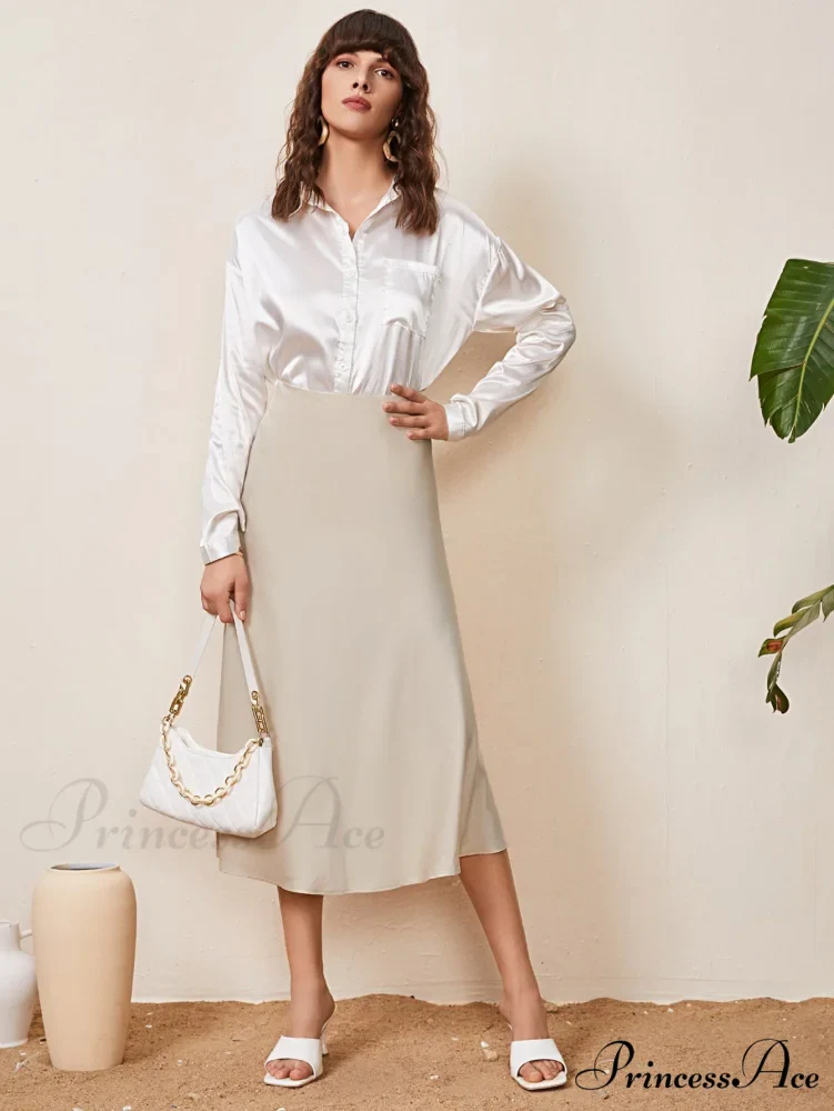 Solid High Waist Satin Skirt Workwear - Image 3