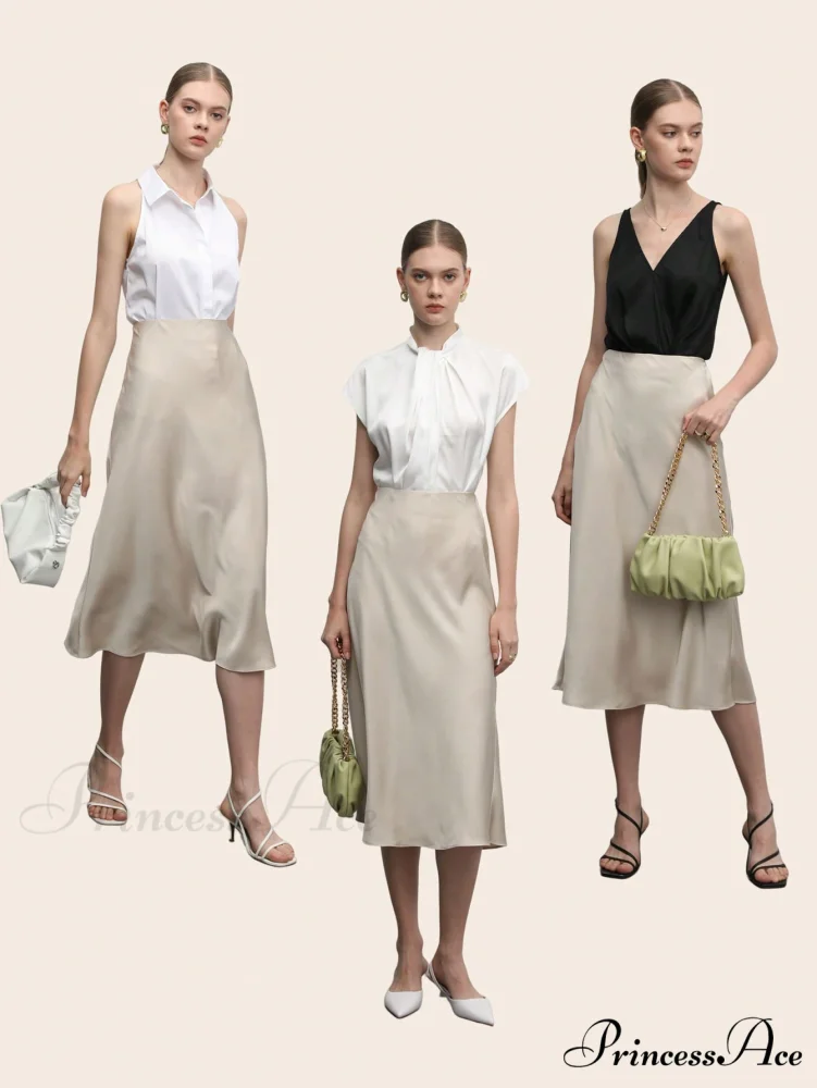 Solid High Waist Satin Skirt Workwear - Image 6