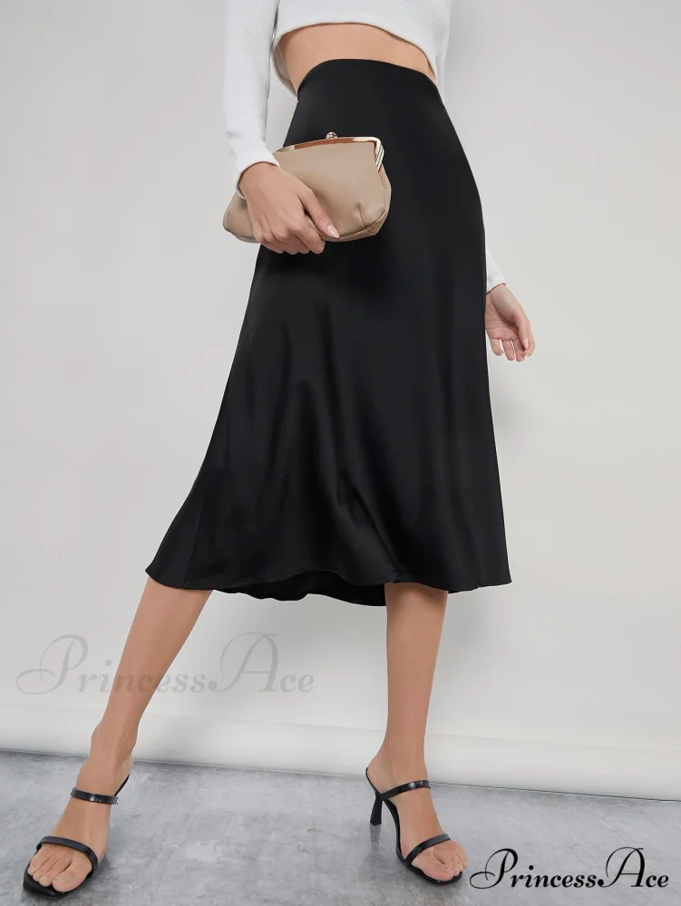 Solid High Waist Satin Skirt Workwear - Image 7