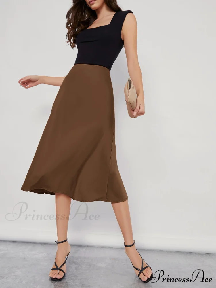 Solid High Waist Satin Skirt Workwear - Image 9