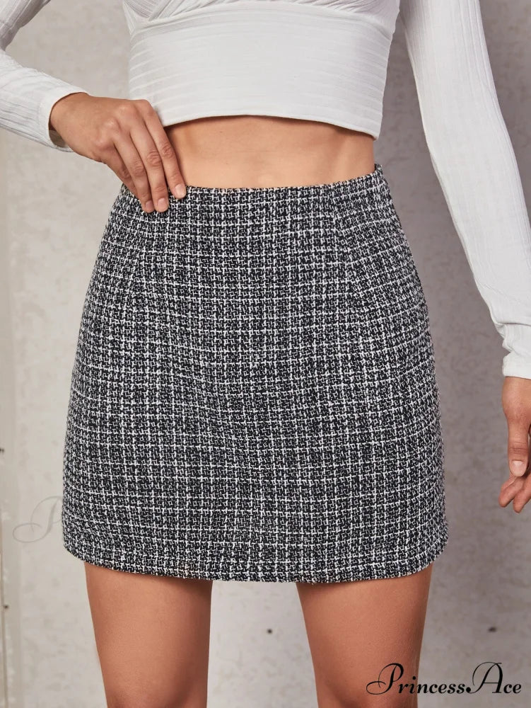 High Waist Plaid Tweed Skirt - Image 6