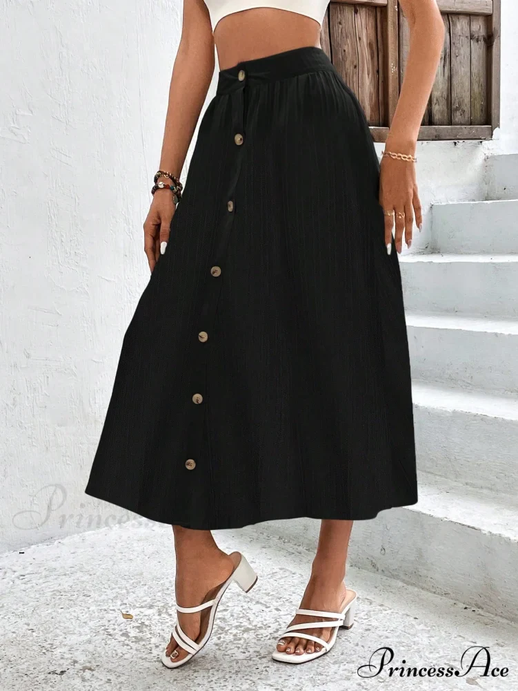 High Waist Button Detail Plisse A-line Skirt - Image 3