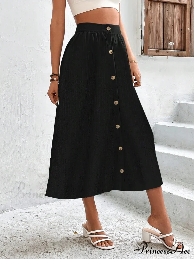 High Waist Button Detail Plisse A-line Skirt - Image 5