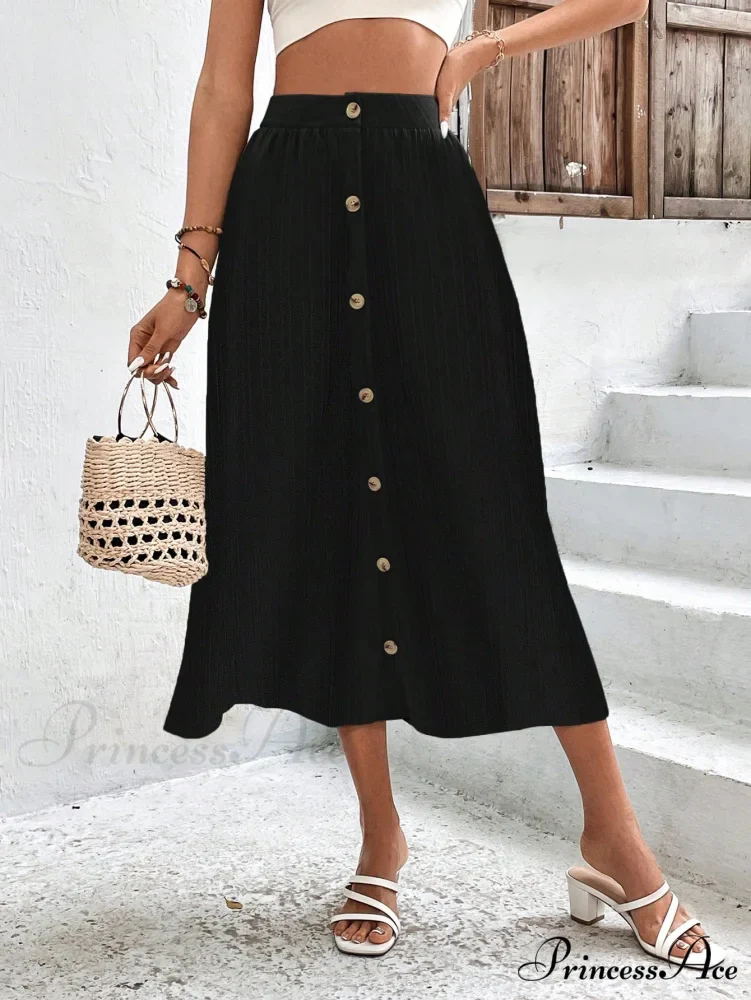 High Waist Button Detail Plisse A-line Skirt - Image 6
