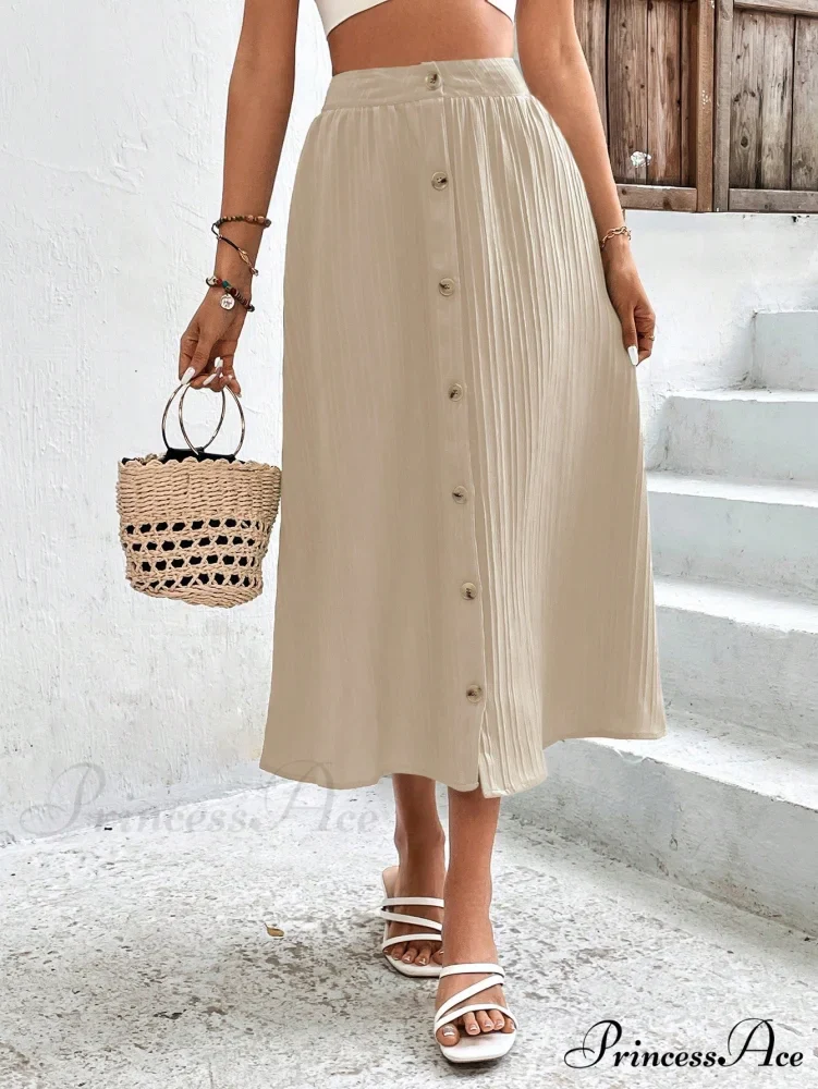 High Waist Button Detail Plisse A-line Skirt - Image 7