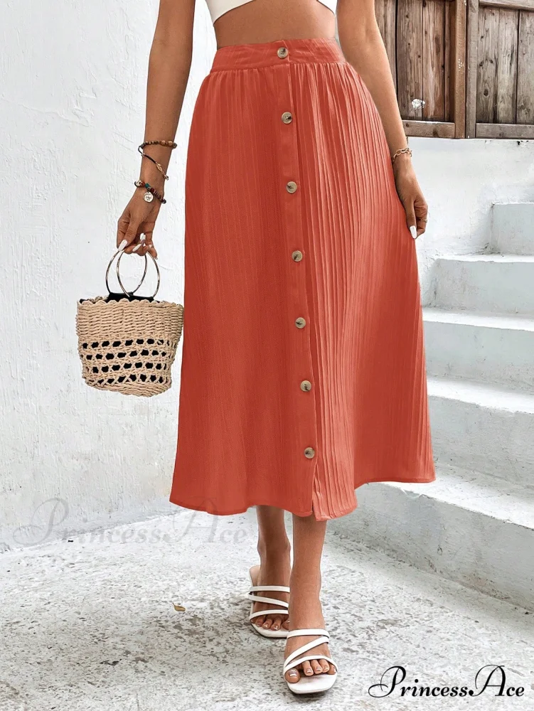 High Waist Button Detail Plisse A-line Skirt - Image 9