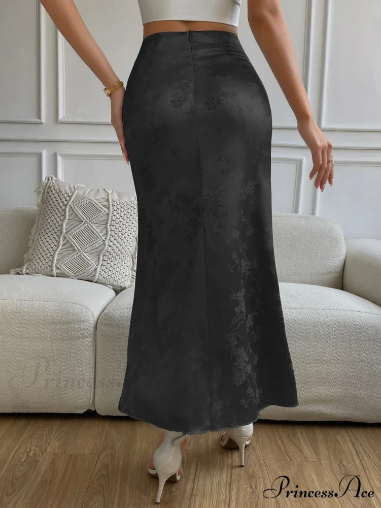 High Waist Jacquard Satin A-line Skirt - Image 2