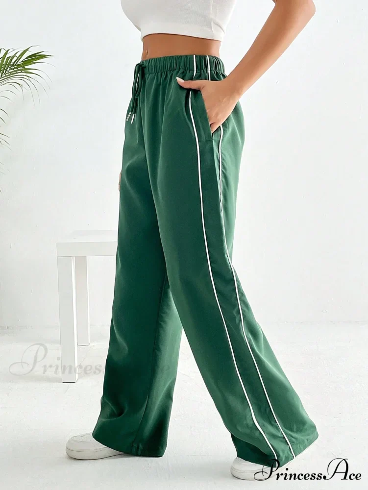 Piping Drawstring Waist Wide Leg Pants - Image 10