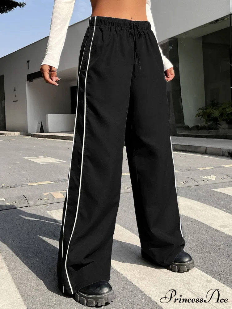 Piping Drawstring Waist Wide Leg Pants - Image 9