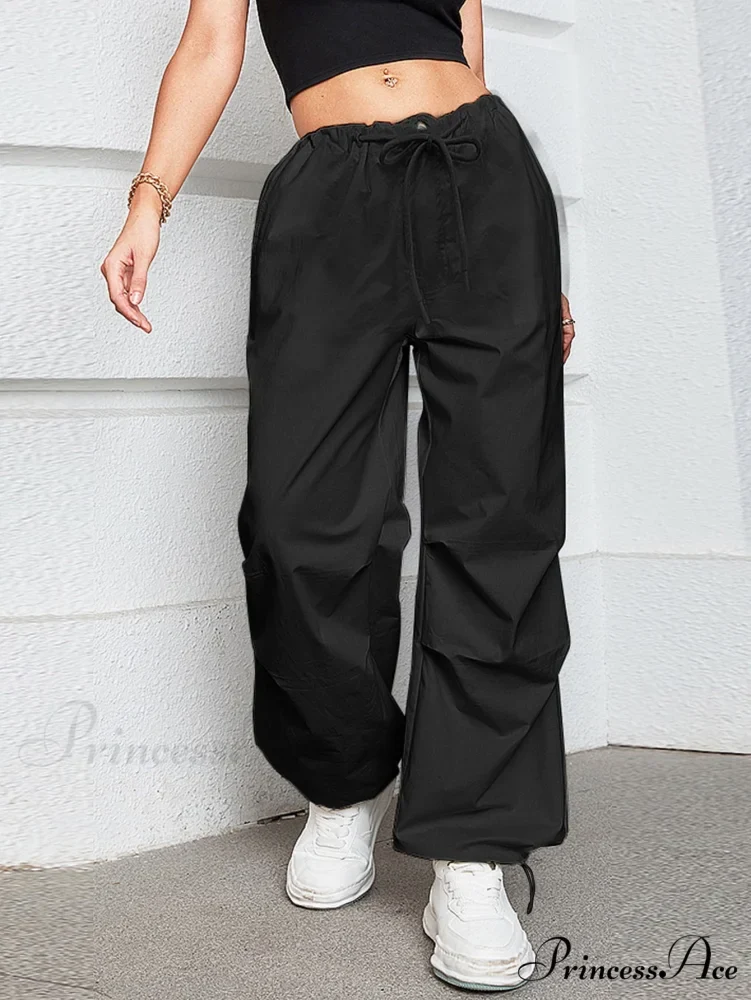 Oversized Drawstring Low Waist Slant Pocket Cargo Parachute Pants - Image 3