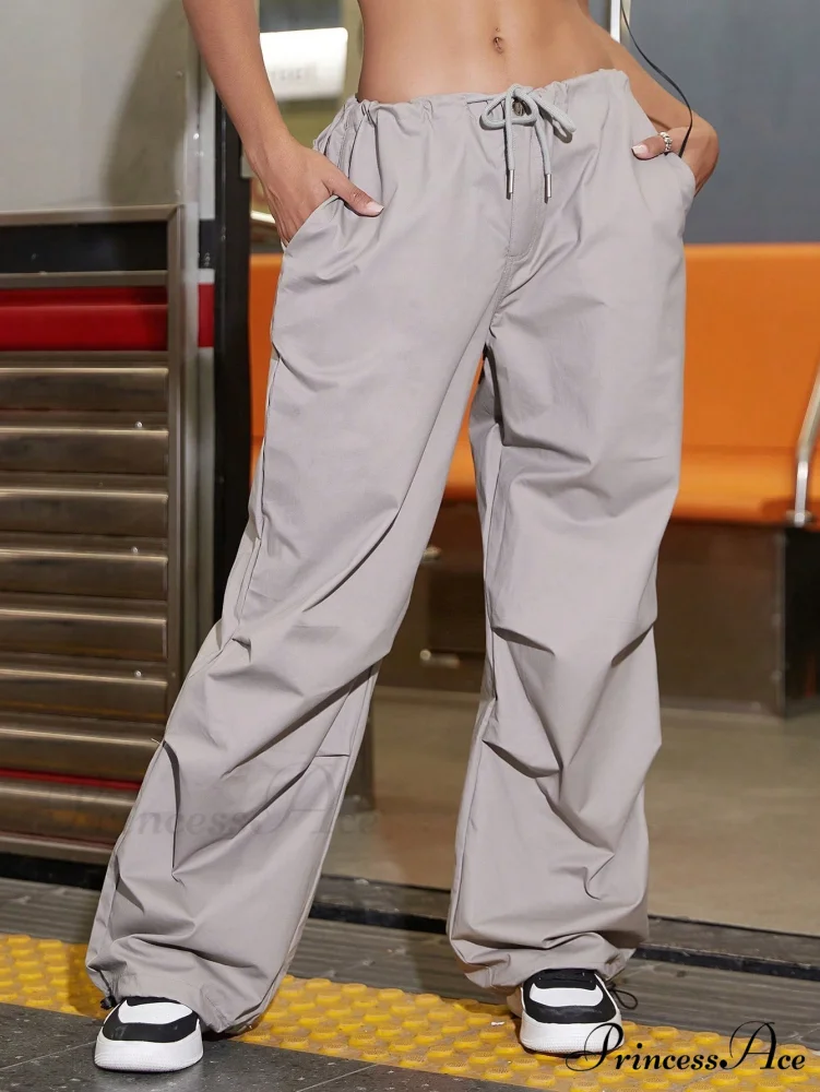 Oversized Drawstring Low Waist Slant Pocket Cargo Parachute Pants - Image 8
