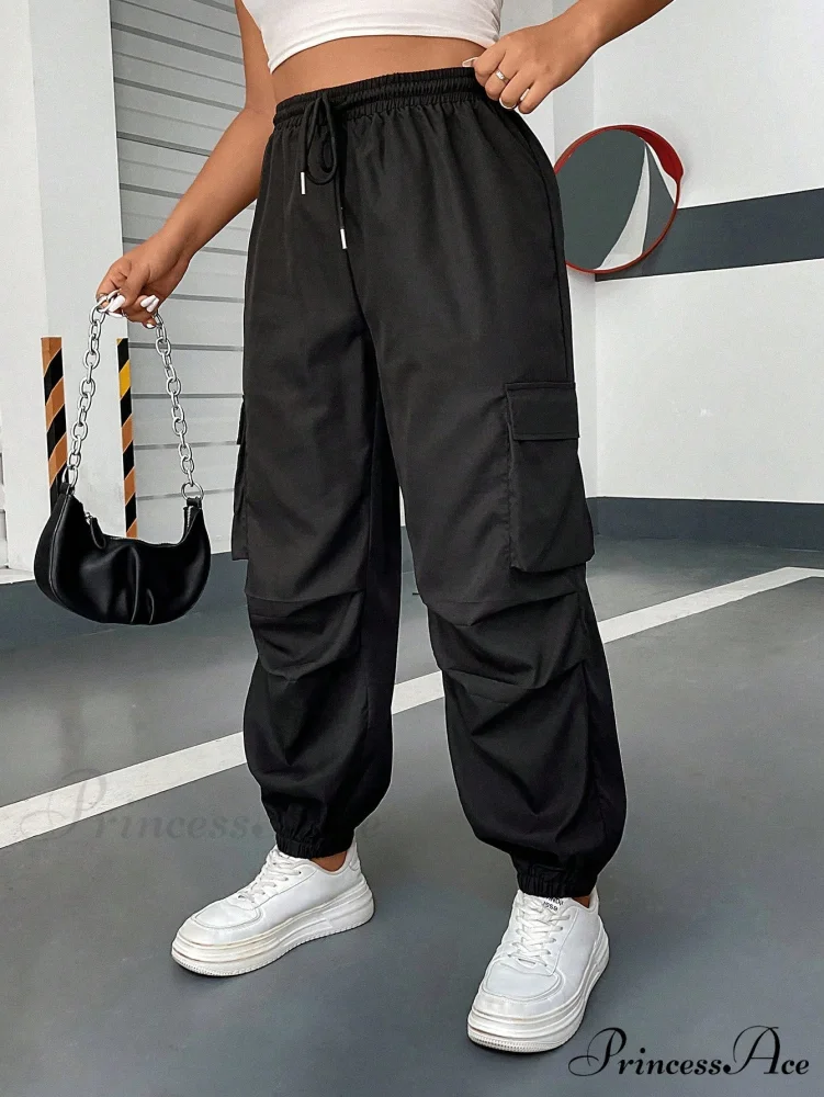Flap Pocket Side Drawstring Waist Cargo Pants - Image 3