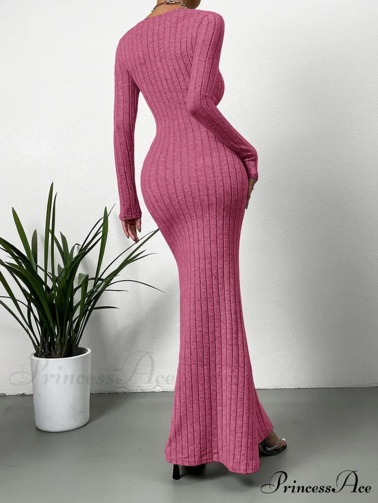 Square Neck Ribbed Knit Mermaid Hem Dress - Image 2