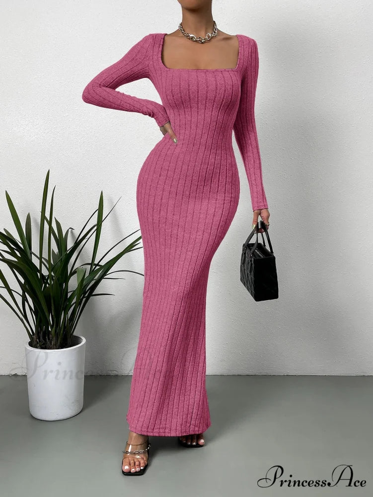 Square Neck Ribbed Knit Mermaid Hem Dress - Image 3