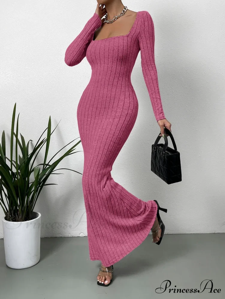 Square Neck Ribbed Knit Mermaid Hem Dress - Image 5