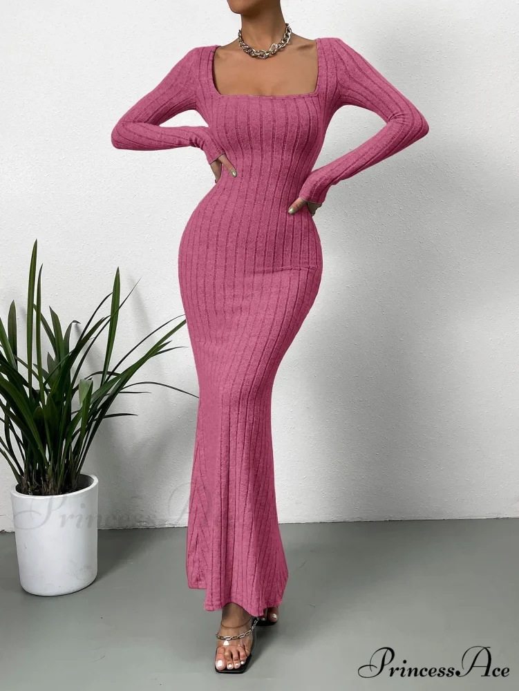 Square Neck Ribbed Knit Mermaid Hem Dress - Image 6