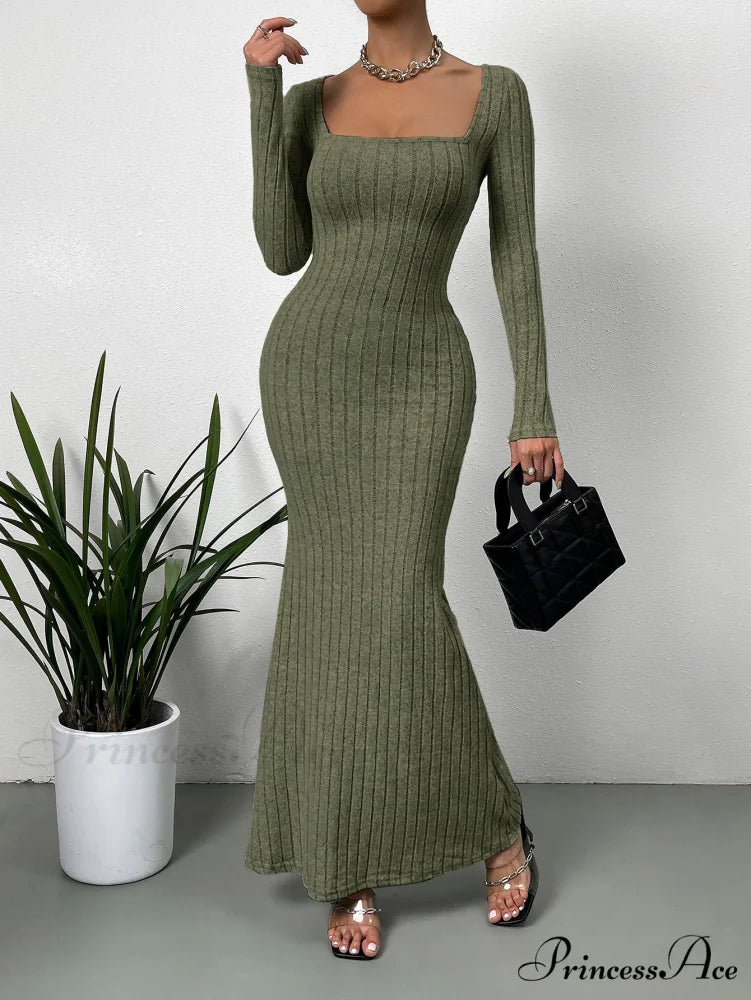 Square Neck Ribbed Knit Mermaid Hem Dress - Image 9