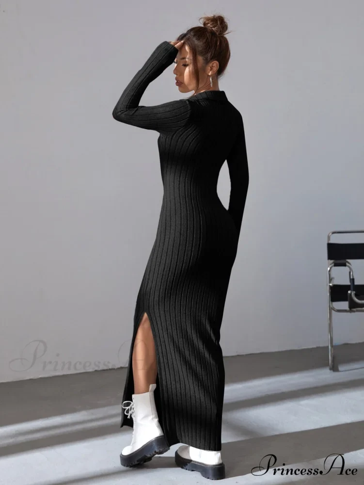 Solid Ribbed Knit Split Thigh Dress - Image 2