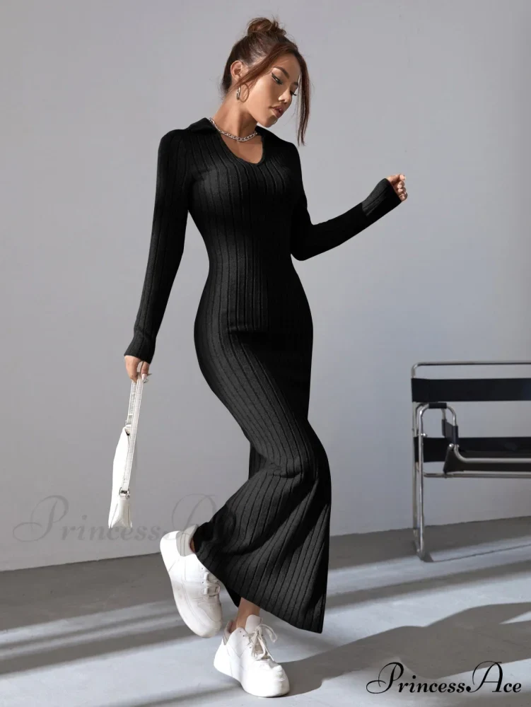 Solid Ribbed Knit Split Thigh Dress - Image 3