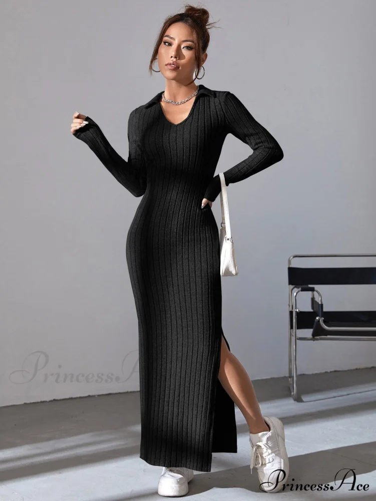 Solid Ribbed Knit Split Thigh Dress - Image 4