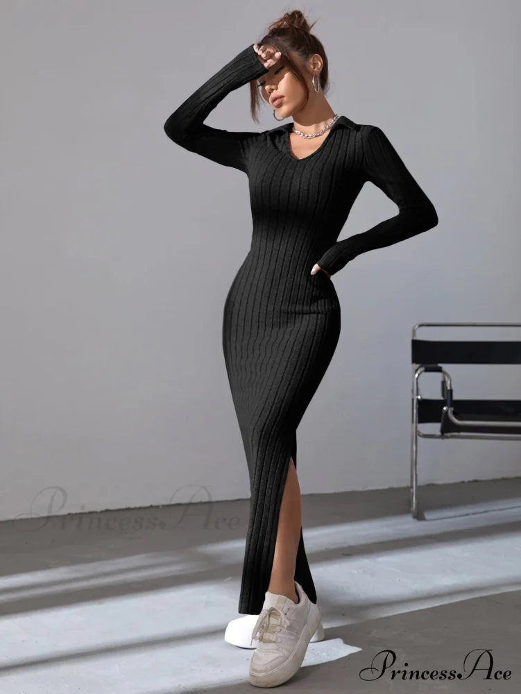 Solid Ribbed Knit Split Thigh Dress - Image 5