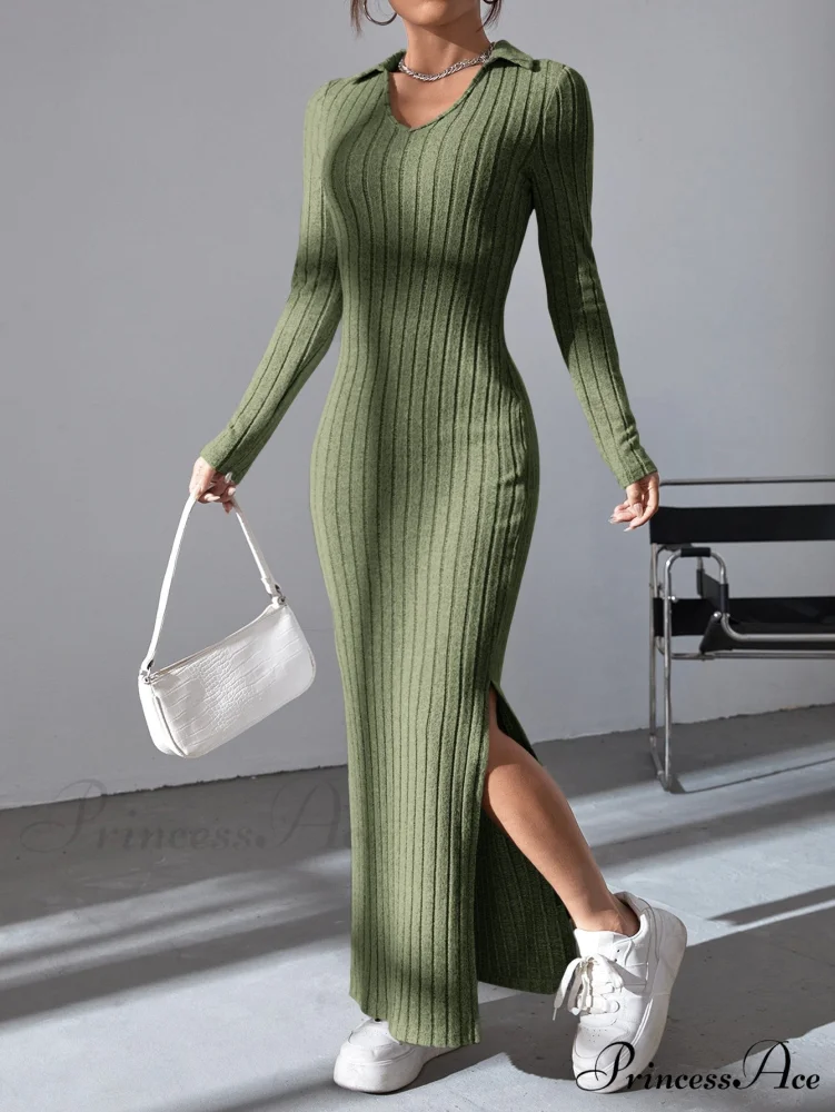 Solid Ribbed Knit Split Thigh Dress - Image 7