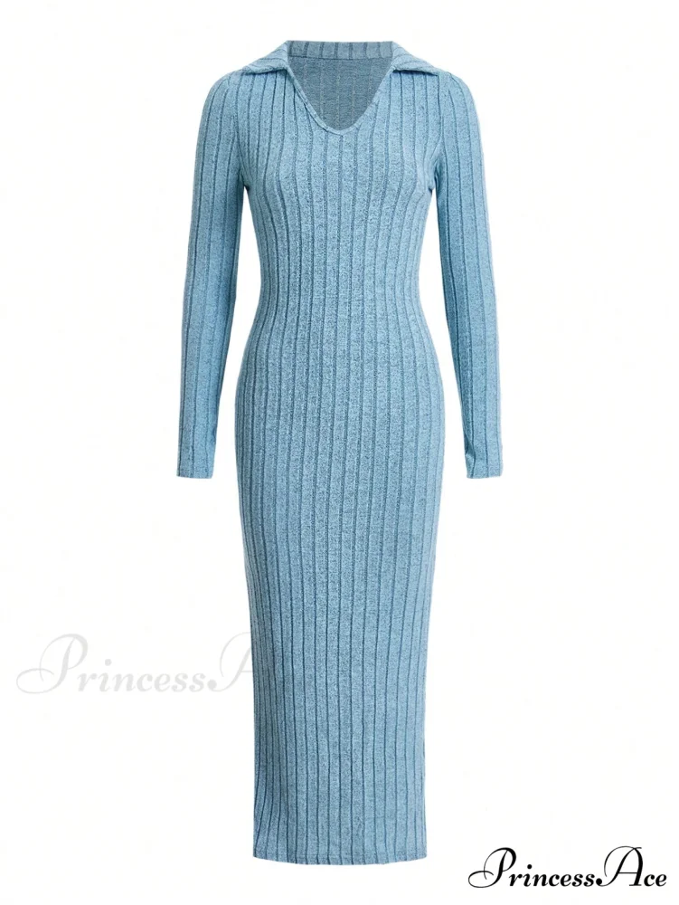 Solid Ribbed Knit Split Thigh Dress - Image 8