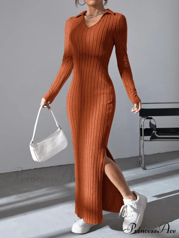 Solid Ribbed Knit Split Thigh Dress - Image 9