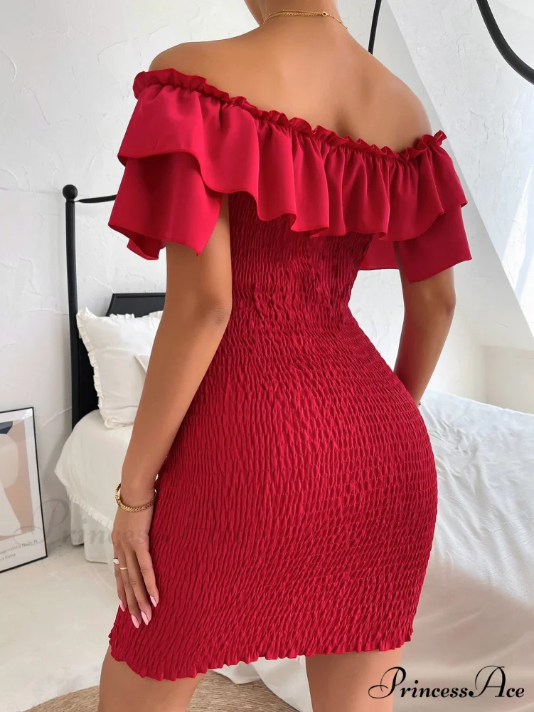 Tie Front Off Shoulder Ruffle Trim Shirred Bodycon Dress - Image 2
