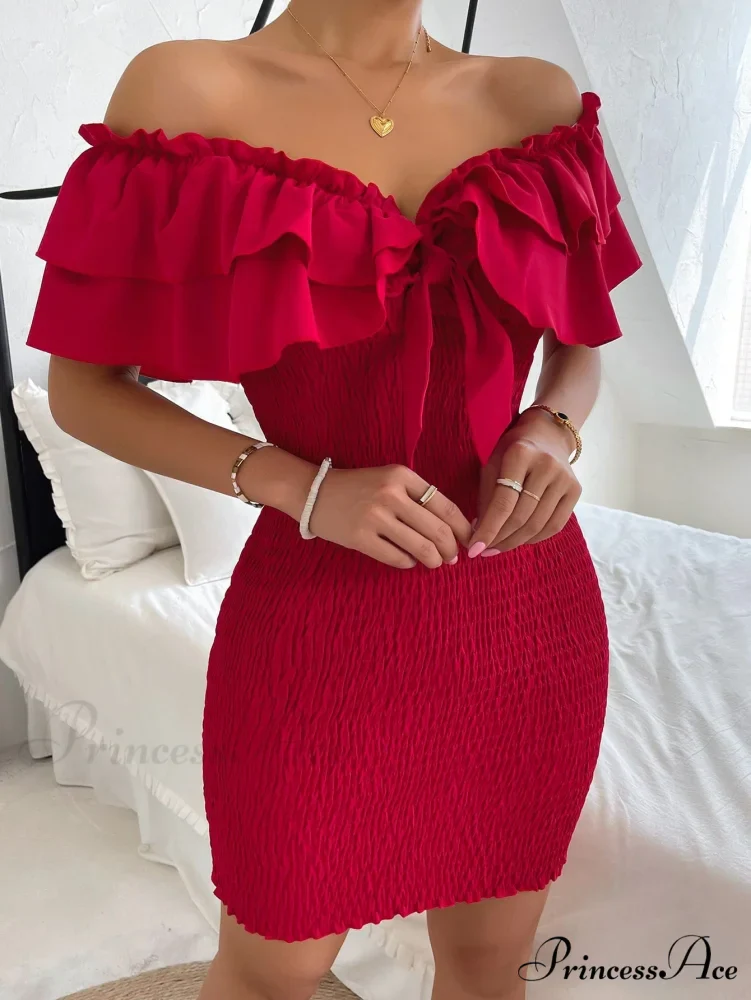 Tie Front Off Shoulder Ruffle Trim Shirred Bodycon Dress - Image 3