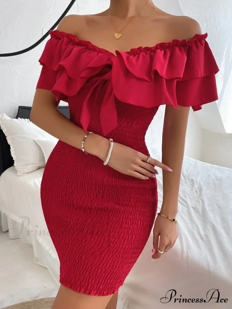 Tie Front Off Shoulder Ruffle Trim Shirred Bodycon Dress - Image 4