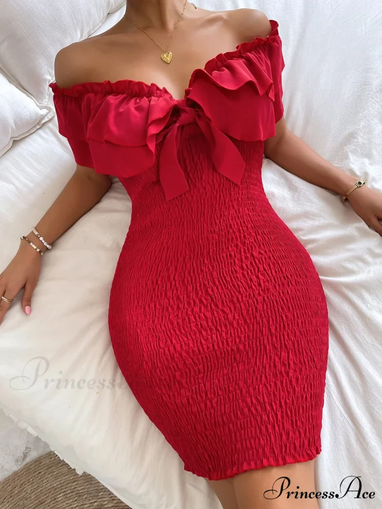 Tie Front Off Shoulder Ruffle Trim Shirred Bodycon Dress - Image 5