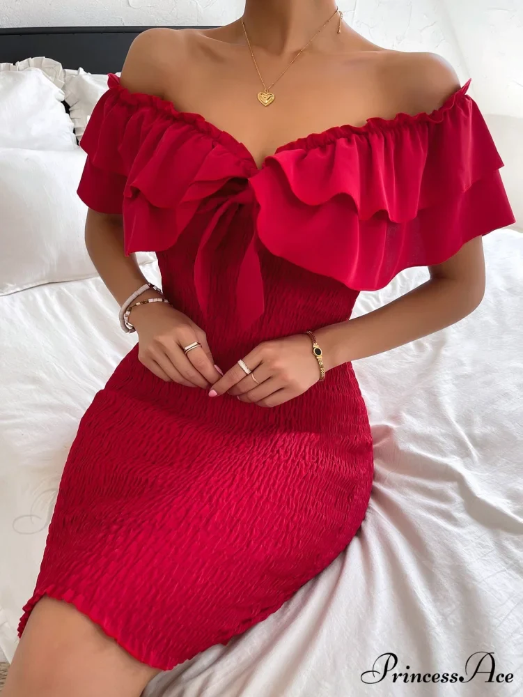 Tie Front Off Shoulder Ruffle Trim Shirred Bodycon Dress - Image 6