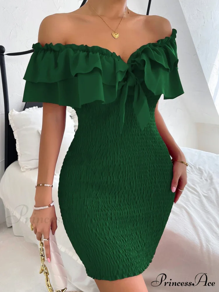 Tie Front Off Shoulder Ruffle Trim Shirred Bodycon Dress - Image 7