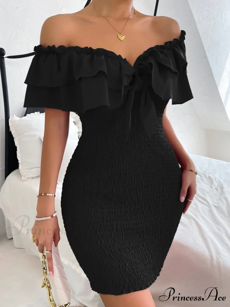 Tie Front Off Shoulder Ruffle Trim Shirred Bodycon Dress - Image 8