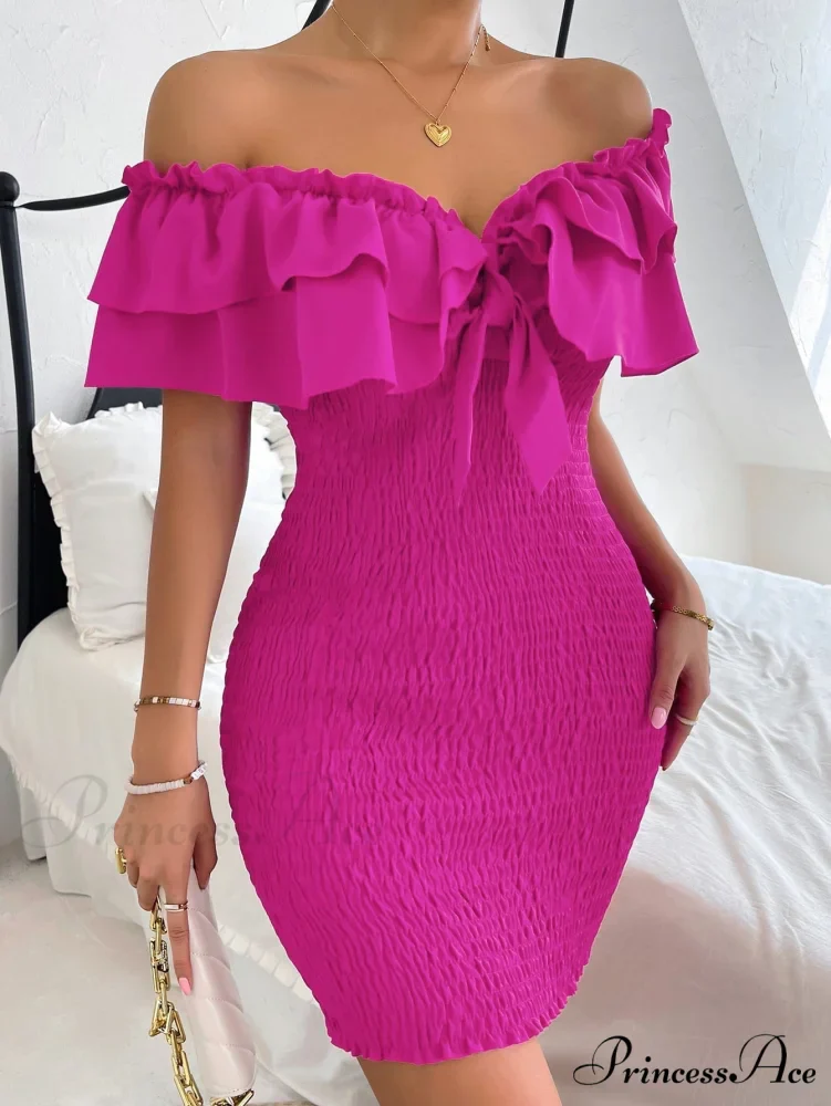 Tie Front Off Shoulder Ruffle Trim Shirred Bodycon Dress - Image 9