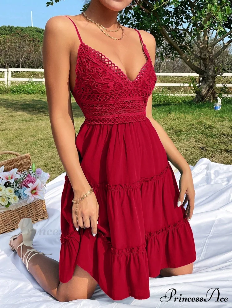Guipure Lace Insert Layered Hem Tie Back Cami Dress - Image 10