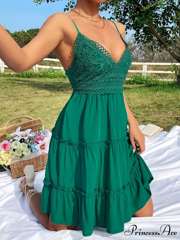 Guipure Lace Insert Layered Hem Tie Back Cami Dress - Image 6