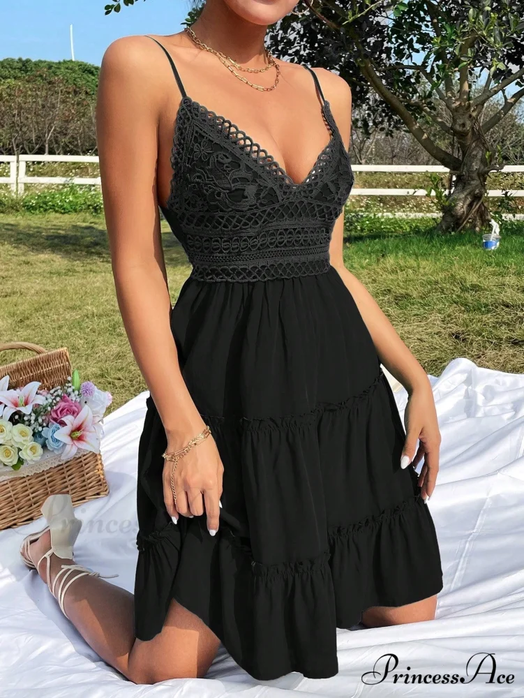 Guipure Lace Insert Layered Hem Tie Back Cami Dress - Image 8